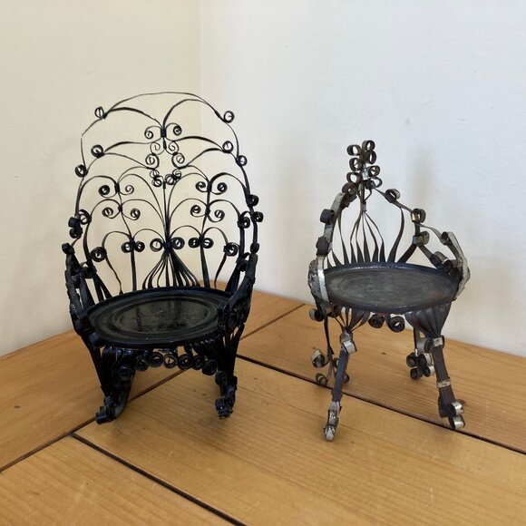 Tin Can Doll Chairs Set of 2 Vintage Folk Tramp Art Mini Furniture Rocking Chair - Picture 8 of 8